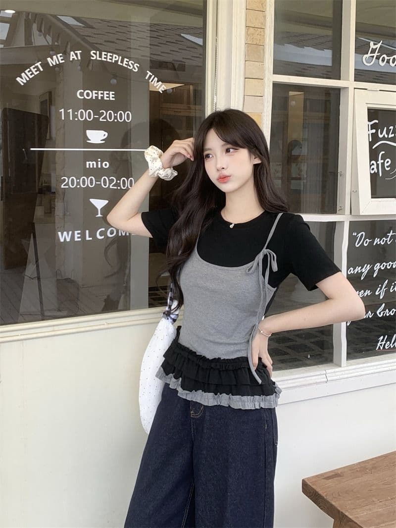 있음 선적 사람들 면 페이크 레이어드 슬립 반팔 티셔츠 여성 여름 지방 mm 슬림해 보이는 동정 달콤한 매운맛 맨위 상세 이미지 22