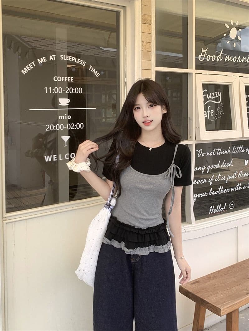 있음 선적 사람들 면 페이크 레이어드 슬립 반팔 티셔츠 여성 여름 지방 mm 슬림해 보이는 동정 달콤한 매운맛 맨위 상세 이미지 23