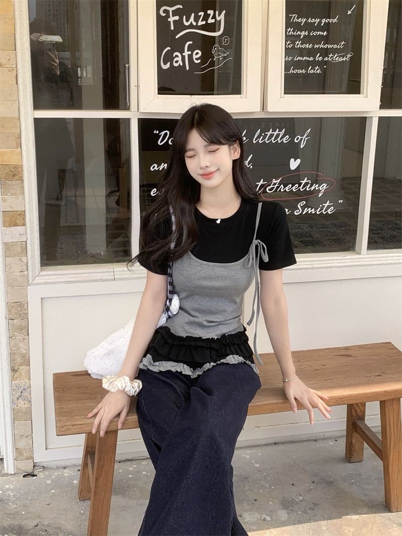 있음 선적 사람들 면 페이크 레이어드 슬립 반팔 티셔츠 여성 여름 지방 mm 슬림해 보이는 동정 달콤한 매운맛 맨위 상세 이미지 25