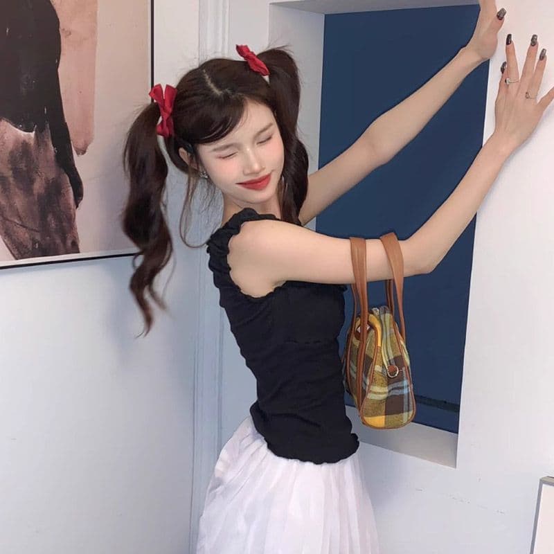 경관 그림 달콤한 스타일 패치워크 프릴 조끼 여성 봄 여름 연령 감소 몸매 가꾸기 인사이드 가져 가라. 쇼트 스타일 슬립 맨위 이미지 3