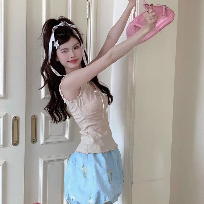 경관 그림 달콤한 스타일 패치워크 프릴 조끼 여성 봄 여름 연령 감소 몸매 가꾸기 인사이드 가져 가라. 쇼트 스타일 슬립 맨위 이미지 4