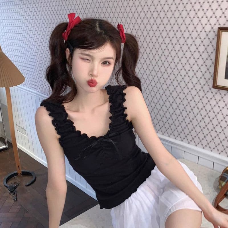 경관 그림 달콤한 스타일 패치워크 프릴 조끼 여성 봄 여름 연령 감소 몸매 가꾸기 인사이드 가져 가라. 쇼트 스타일 슬립 맨위 이미지 5