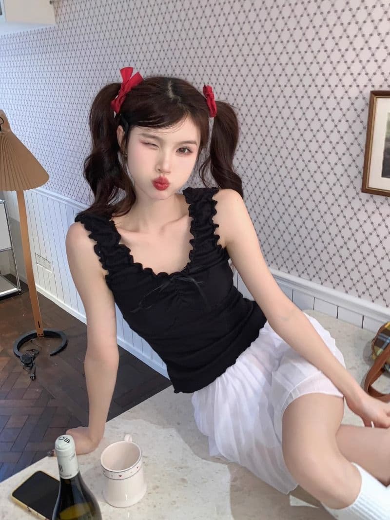 경관 그림 달콤한 스타일 패치워크 프릴 조끼 여성 봄 여름 연령 감소 몸매 가꾸기 인사이드 가져 가라. 쇼트 스타일 슬립 맨위 상세 이미지 2
