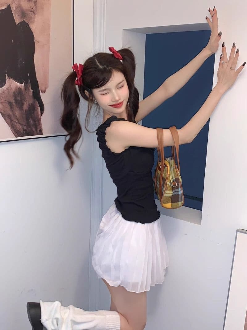 경관 그림 달콤한 스타일 패치워크 프릴 조끼 여성 봄 여름 연령 감소 몸매 가꾸기 인사이드 가져 가라. 쇼트 스타일 슬립 맨위 상세 이미지 3