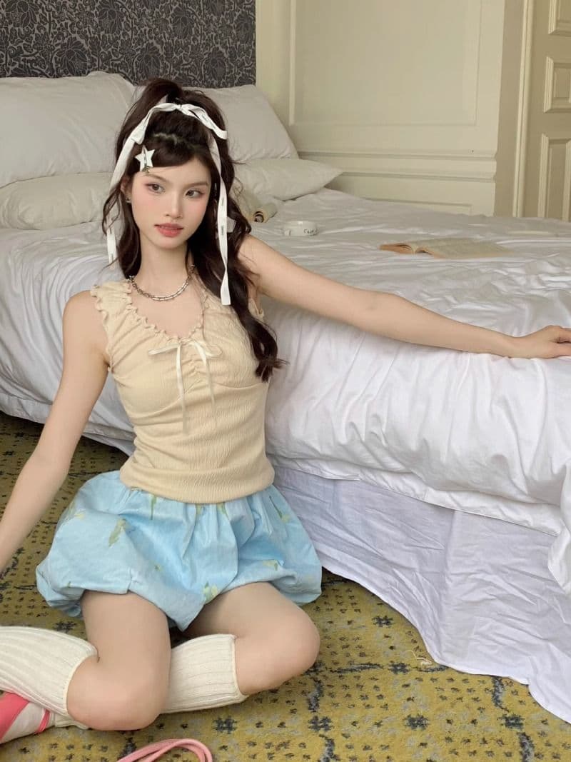 경관 그림 달콤한 스타일 패치워크 프릴 조끼 여성 봄 여름 연령 감소 몸매 가꾸기 인사이드 가져 가라. 쇼트 스타일 슬립 맨위 상세 이미지 6