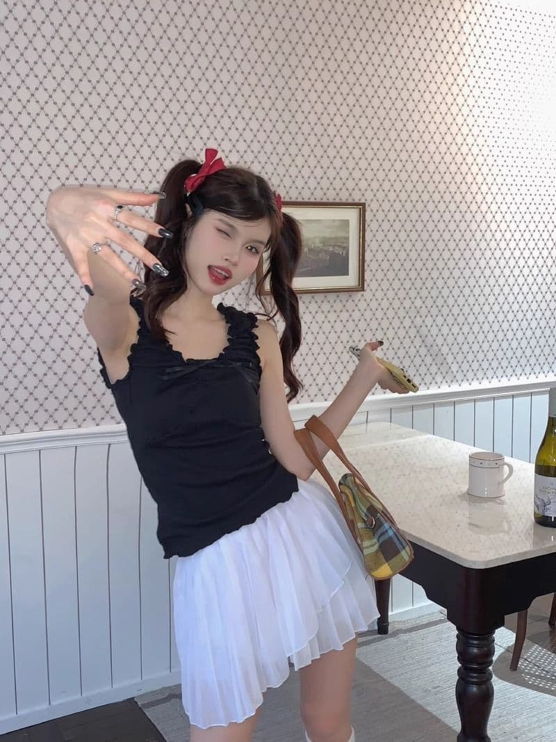 경관 그림 달콤한 스타일 패치워크 프릴 조끼 여성 봄 여름 연령 감소 몸매 가꾸기 인사이드 가져 가라. 쇼트 스타일 슬립 맨위 상세 이미지 12