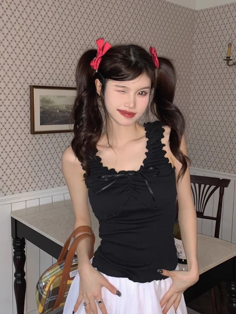 경관 그림 달콤한 스타일 패치워크 프릴 조끼 여성 봄 여름 연령 감소 몸매 가꾸기 인사이드 가져 가라. 쇼트 스타일 슬립 맨위 상세 이미지 13