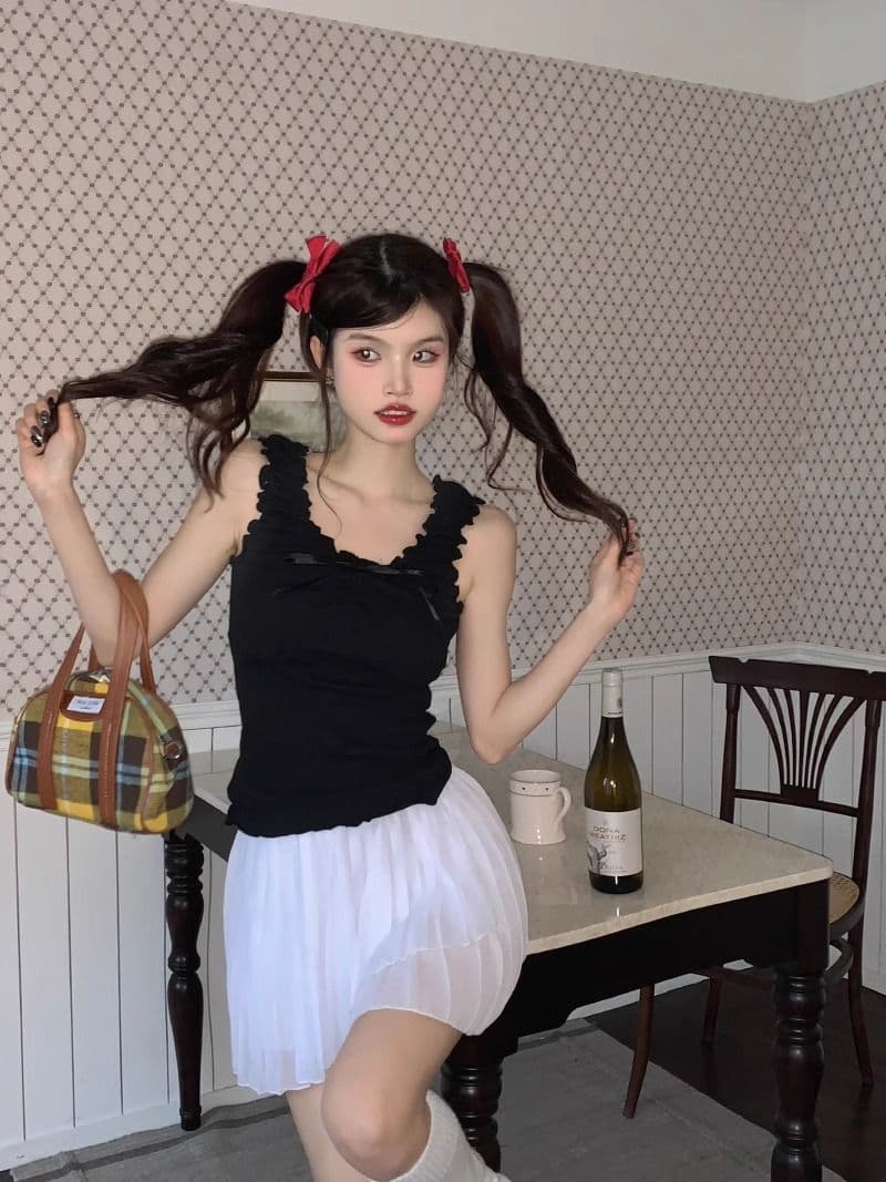 경관 그림 달콤한 스타일 패치워크 프릴 조끼 여성 봄 여름 연령 감소 몸매 가꾸기 인사이드 가져 가라. 쇼트 스타일 슬립 맨위 상세 이미지 14