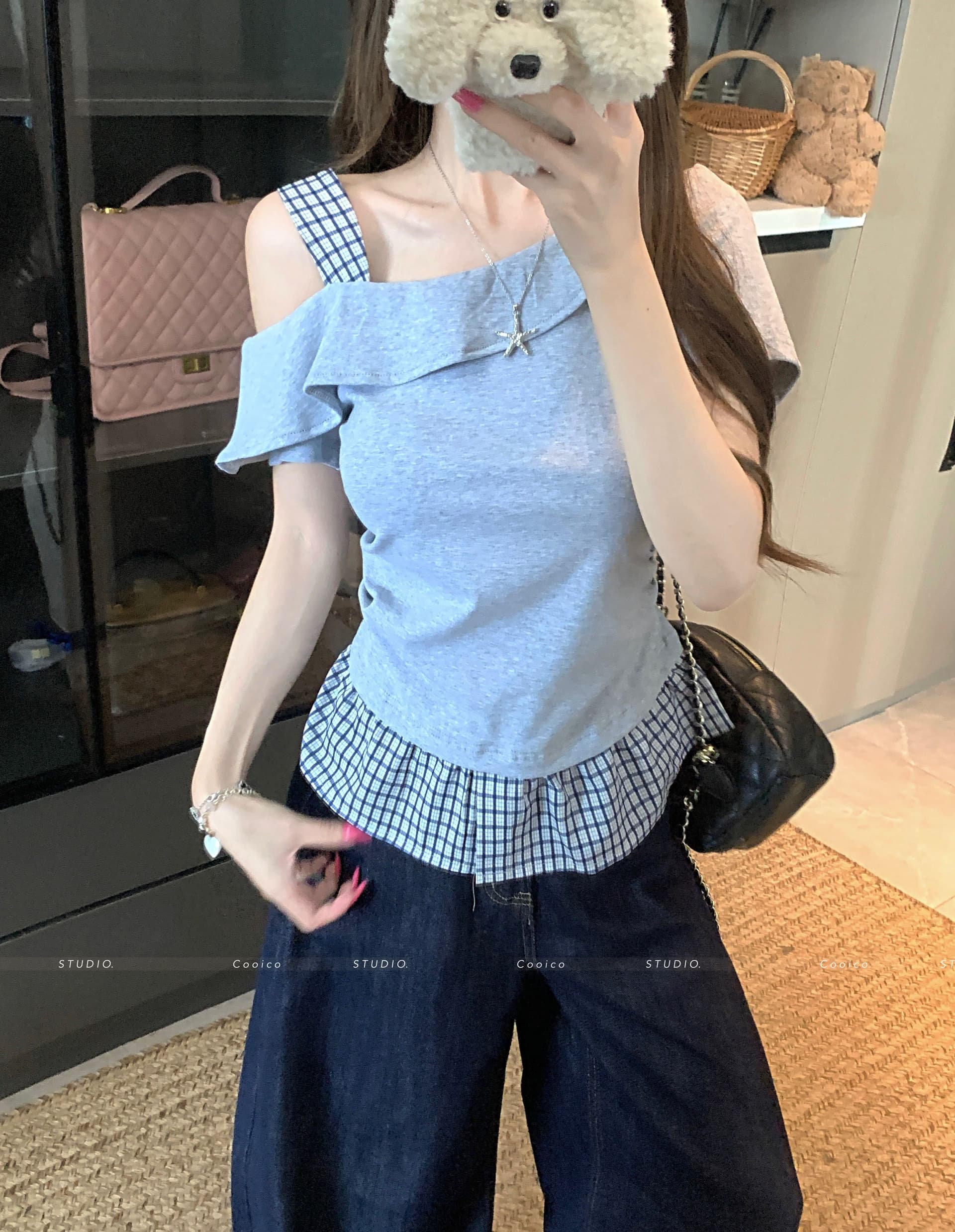 5 색상 40 사람들 면 한 부서 착용 가져 가라. 패치워크 체크무늬 오프숄더 맨위 여성 여름 페이크 레이어드 반팔 티셔츠 상세 이미지 17