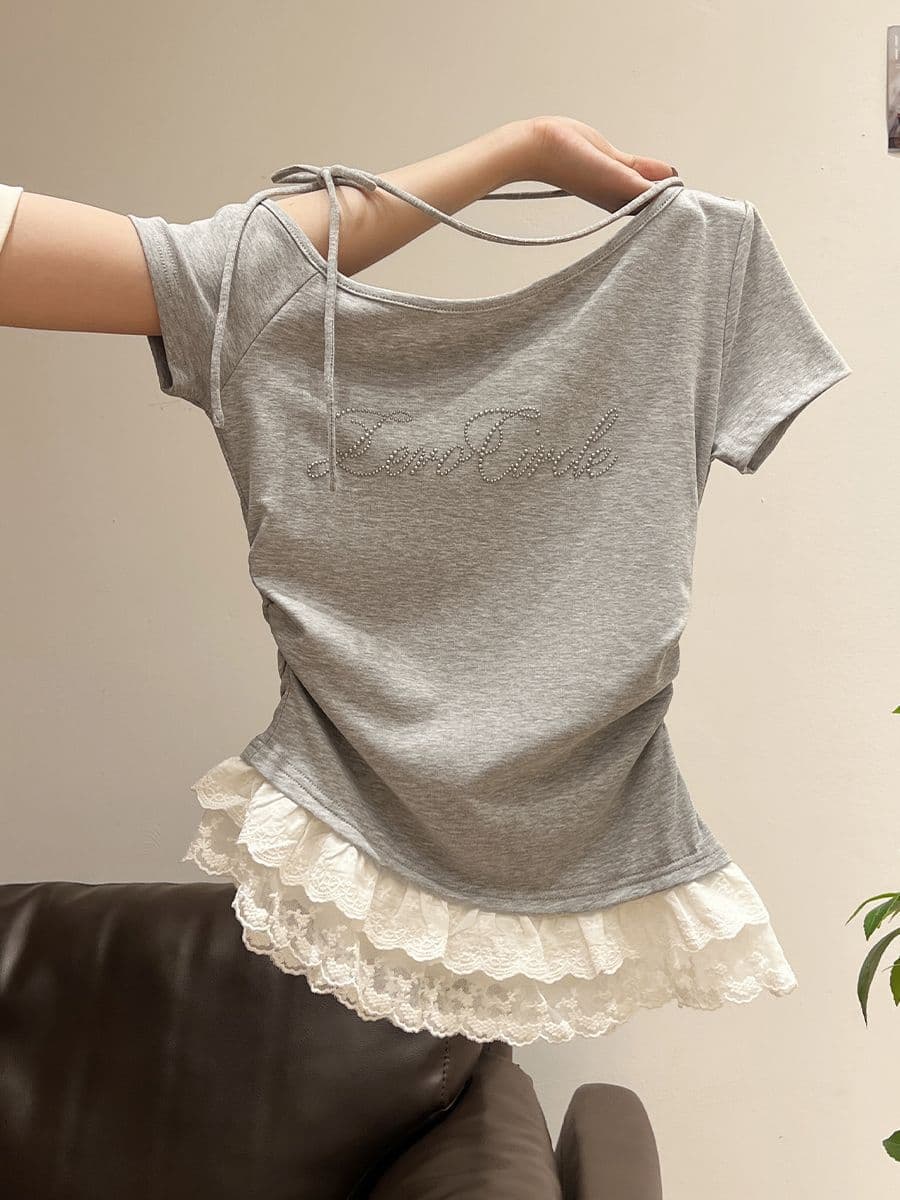 있음 선적 원본 사람들 면 한 부서 여름 비스듬한 칼라 오프숄더 레이스 레이스 밑단 반팔 티셔츠 여성 몸매 가꾸기 맨위 상세 이미지 2