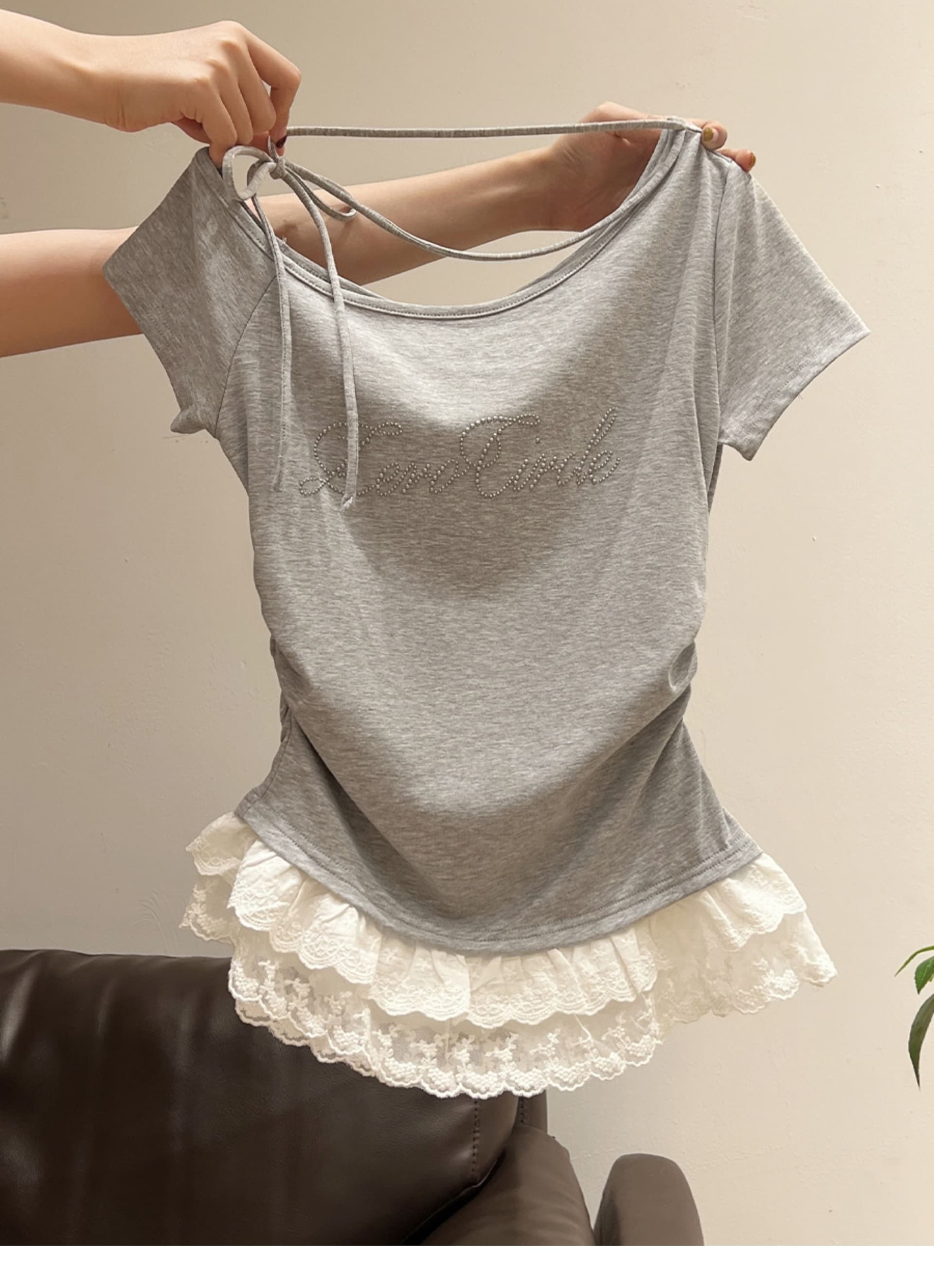 있음 선적 원본 사람들 면 한 부서 여름 비스듬한 칼라 오프숄더 레이스 레이스 밑단 반팔 티셔츠 여성 몸매 가꾸기 맨위 상세 이미지 5
