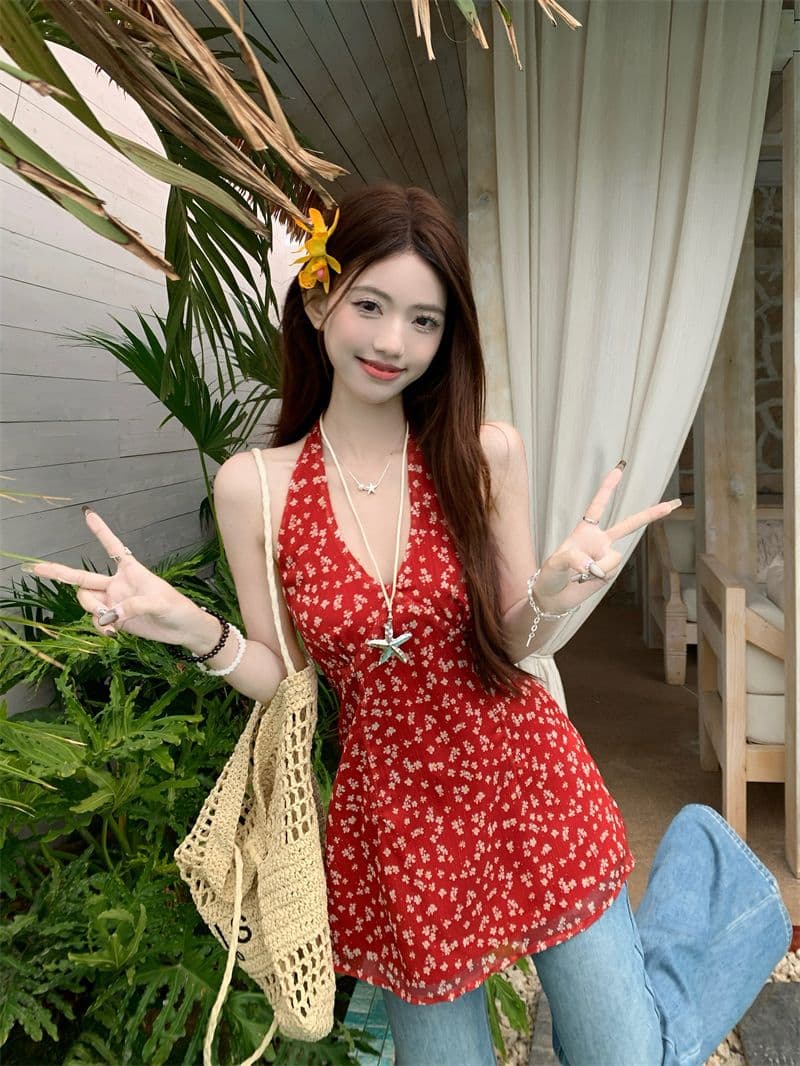 있음 선적 있음 네리 지퍼 레트로 꽃무늬 V넥 행침 목 캐미솔 여름 품격 슬림해 보이는 맨위