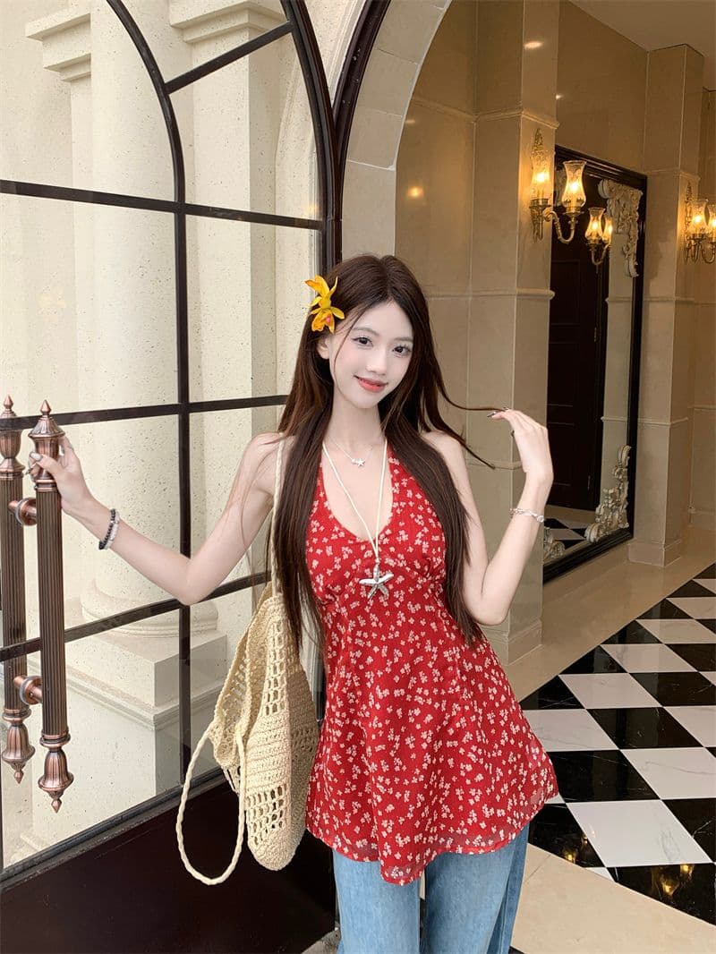 있음 선적 있음 네리 지퍼 레트로 꽃무늬 V넥 행침 목 캐미솔 여름 품격 슬림해 보이는 맨위 상세 이미지 9