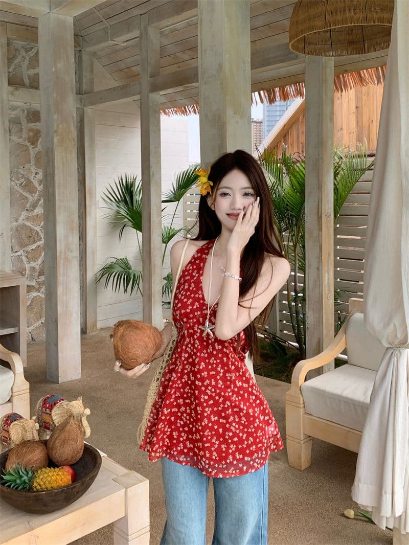 있음 선적 있음 네리 지퍼 레트로 꽃무늬 V넥 행침 목 캐미솔 여름 품격 슬림해 보이는 맨위 상세 이미지 11
