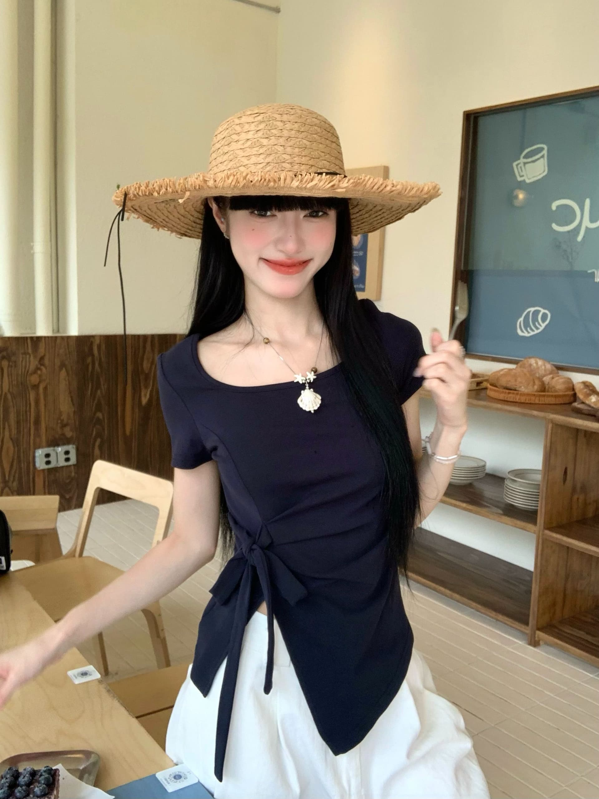 있음 선적 원본 원단 불규칙 나비 매듭 스트랩 반팔 티셔츠 여성 여름 허리 수축 슬림해 보이는 맨위 상세 이미지 5