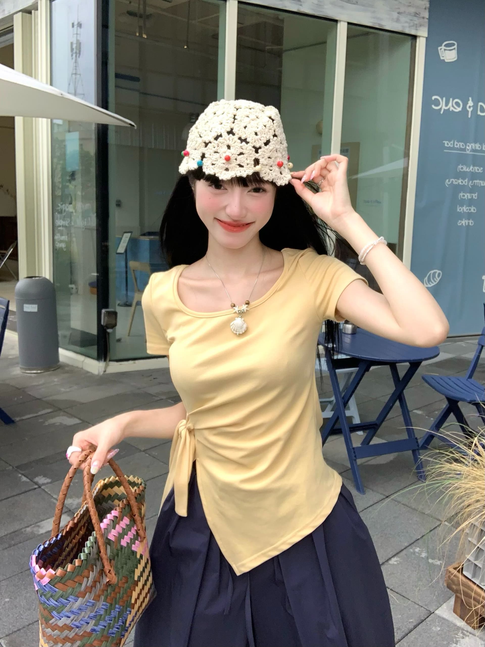 있음 선적 원본 원단 불규칙 나비 매듭 스트랩 반팔 티셔츠 여성 여름 허리 수축 슬림해 보이는 맨위 상세 이미지 28