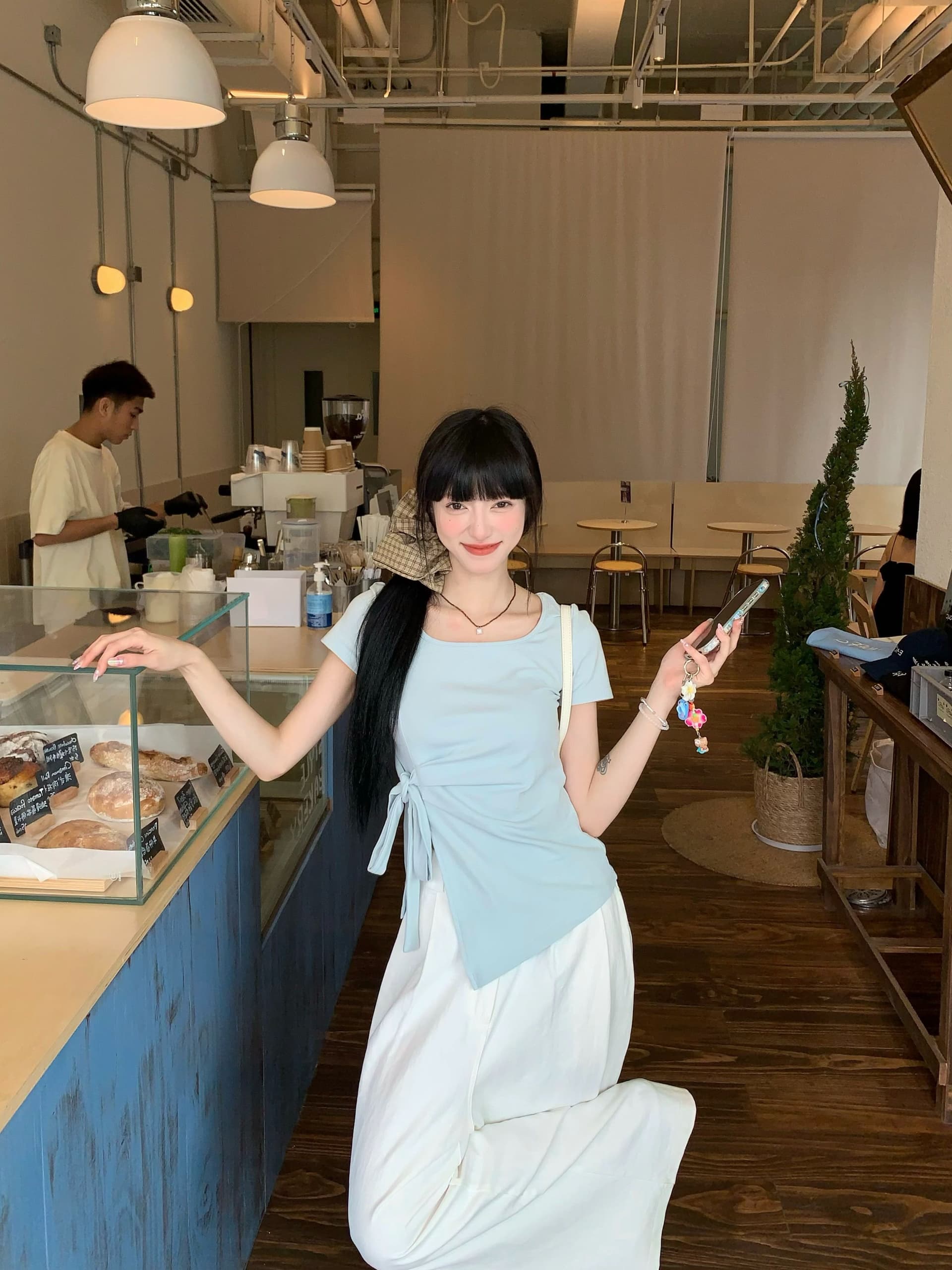 있음 선적 원본 원단 불규칙 나비 매듭 스트랩 반팔 티셔츠 여성 여름 허리 수축 슬림해 보이는 맨위 상세 이미지 31