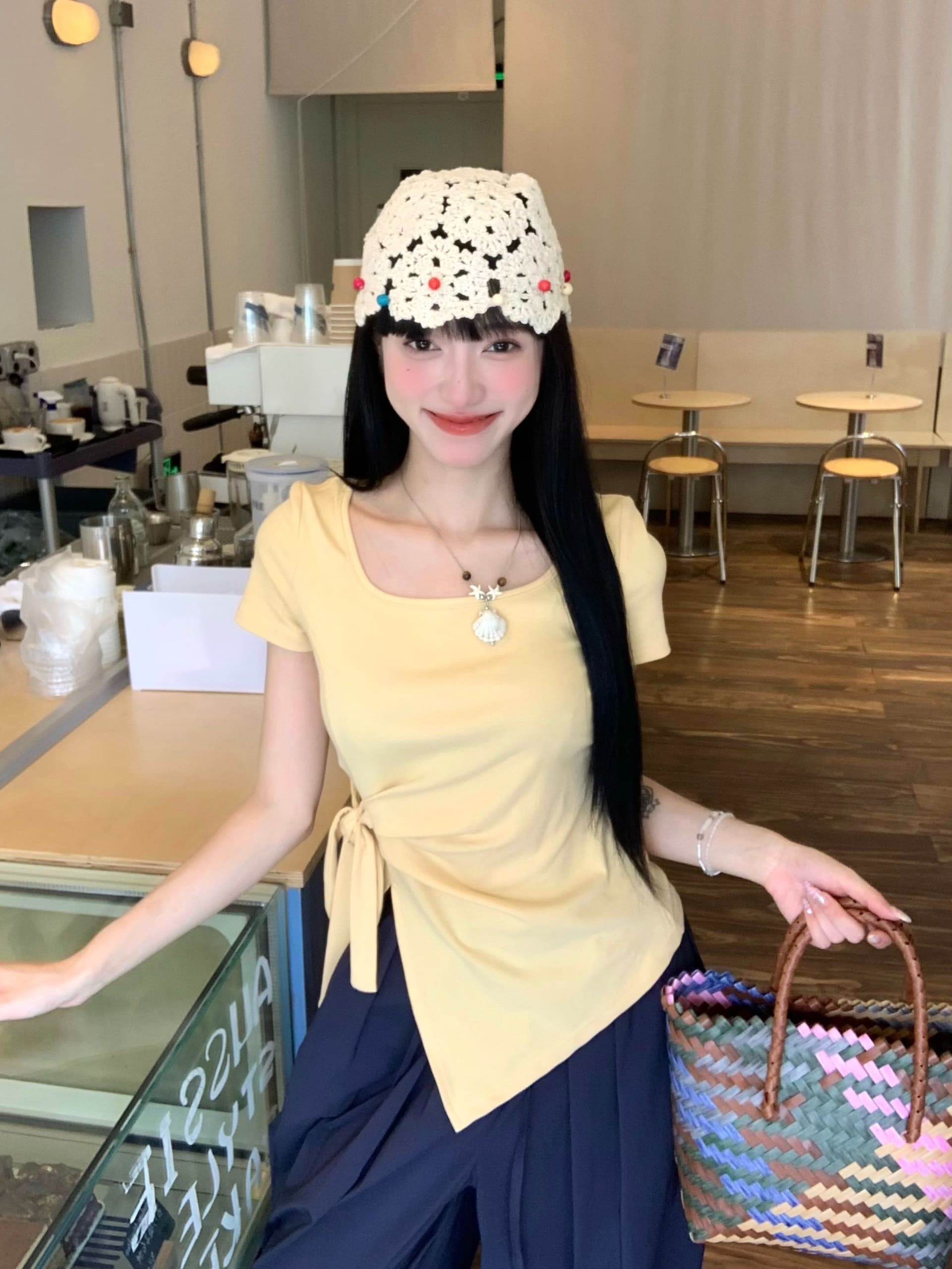 있음 선적 원본 원단 불규칙 나비 매듭 스트랩 반팔 티셔츠 여성 여름 허리 수축 슬림해 보이는 맨위 상세 이미지 35