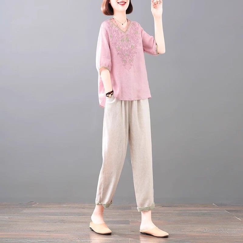 있음 선적 무거운 작업 자수 면 린넨 V넥 티셔츠 여성 문예 품격 다용도 유럽 오간자 패치워크 5 점 소매 맨위 이미지 5
