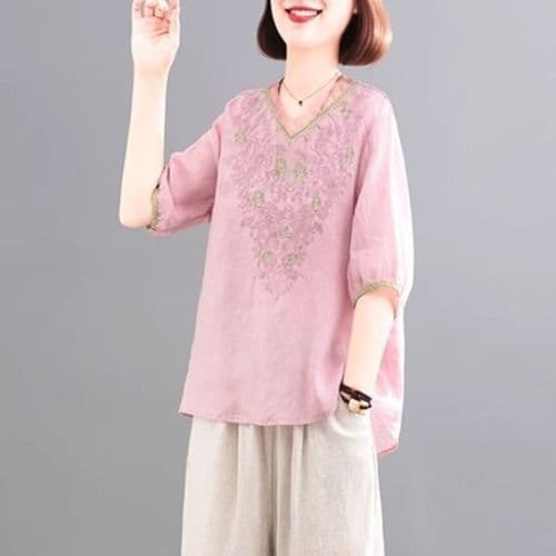 있음 선적 무거운 작업 자수 면 린넨 V넥 티셔츠 여성 문예 품격 다용도 유럽 오간자 패치워크 5 점 소매 맨위 이미지 2