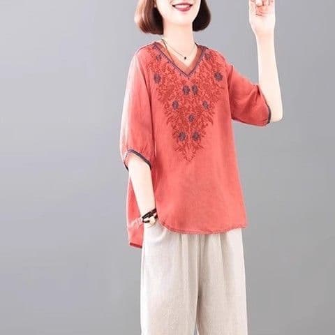 있음 선적 무거운 작업 자수 면 린넨 V넥 티셔츠 여성 문예 품격 다용도 유럽 오간자 패치워크 5 점 소매 맨위 상세 이미지 6