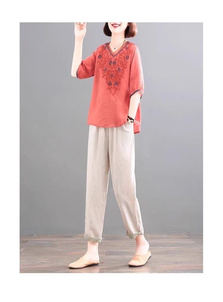 있음 선적 무거운 작업 자수 면 린넨 V넥 티셔츠 여성 문예 품격 다용도 유럽 오간자 패치워크 5 점 소매 맨위 상세 이미지 19