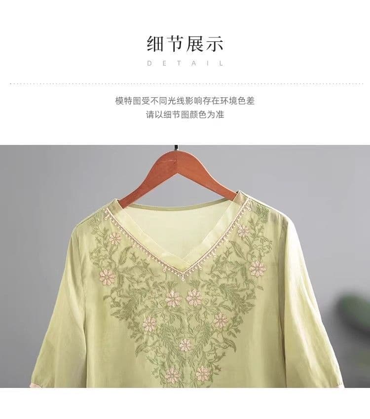 있음 선적 무거운 작업 자수 면 린넨 V넥 티셔츠 여성 문예 품격 다용도 유럽 오간자 패치워크 5 점 소매 맨위 상세 이미지 22