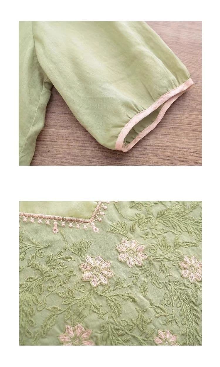 있음 선적 무거운 작업 자수 면 린넨 V넥 티셔츠 여성 문예 품격 다용도 유럽 오간자 패치워크 5 점 소매 맨위 상세 이미지 23