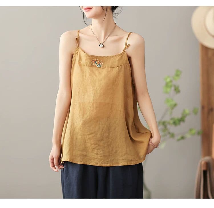 있음 선적 레트로 여성 조끼 여름 얇은 스타일 단색 슬립 루즈핏 만나는 인사이드 가져 가라. 면 린넨 자수 맨위 상세 이미지 22