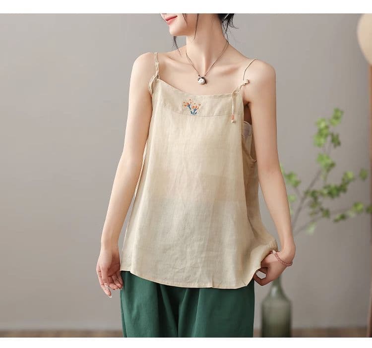 있음 선적 레트로 여성 조끼 여름 얇은 스타일 단색 슬립 루즈핏 만나는 인사이드 가져 가라. 면 린넨 자수 맨위 상세 이미지 25