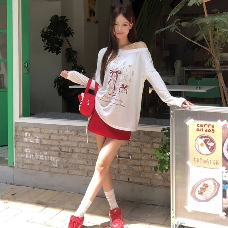 있음 선적 경관 그림 원본 품질 여름 착용 가져 가라. 긴팔 티셔츠 화이트 오프숄더 비스듬한 어깨 의류 이미지 3