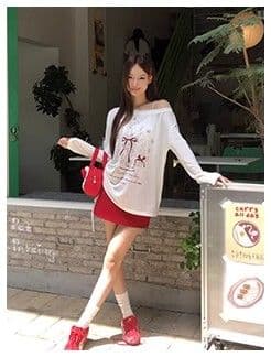 있음 선적 경관 그림 원본 품질 여름 착용 가져 가라. 긴팔 티셔츠 화이트 오프숄더 비스듬한 어깨 의류 상세 이미지 5