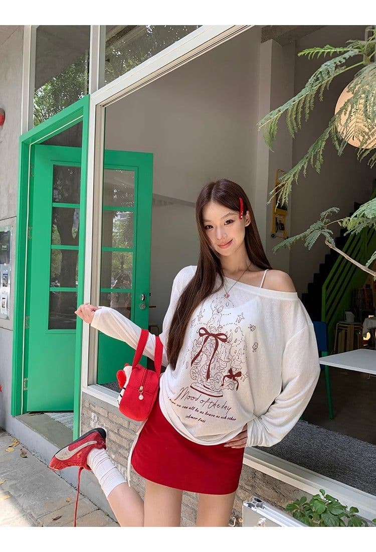 있음 선적 경관 그림 원본 품질 여름 착용 가져 가라. 긴팔 티셔츠 화이트 오프숄더 비스듬한 어깨 의류 상세 이미지 7