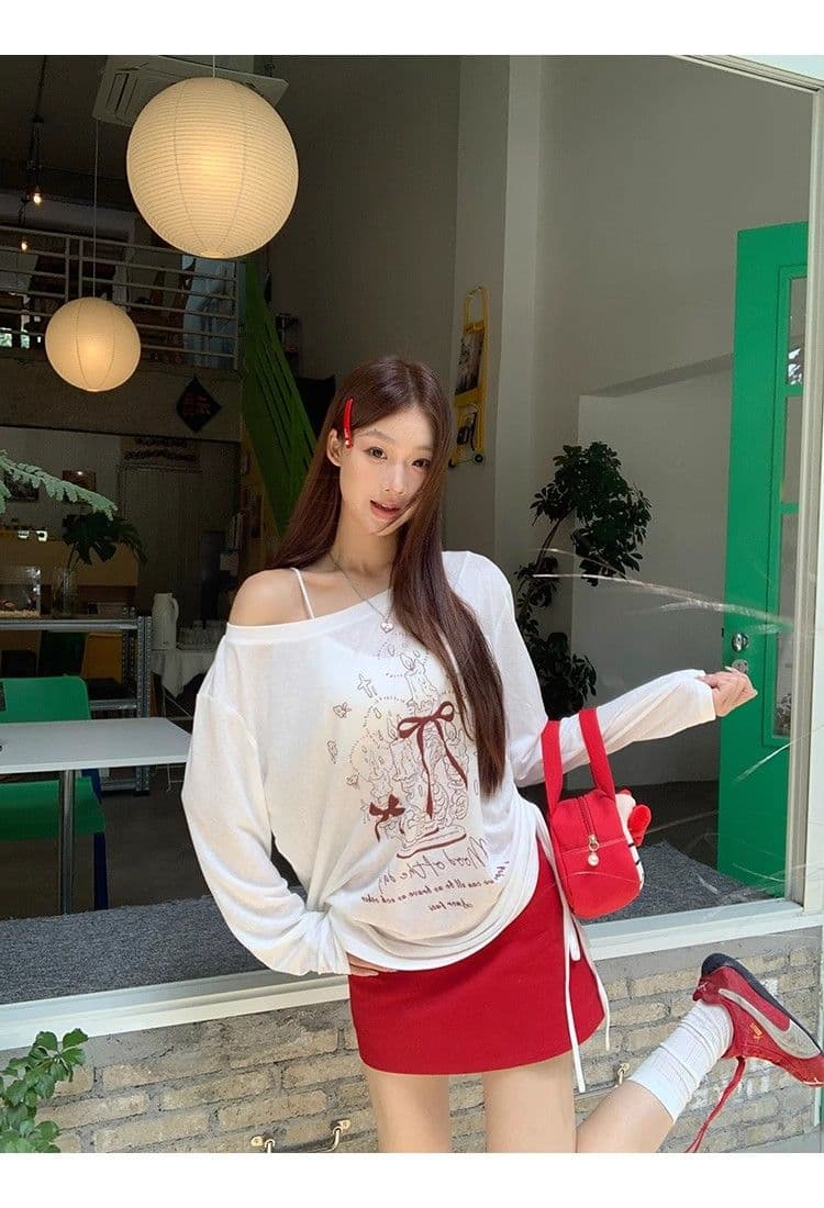 있음 선적 경관 그림 원본 품질 여름 착용 가져 가라. 긴팔 티셔츠 화이트 오프숄더 비스듬한 어깨 의류 상세 이미지 9