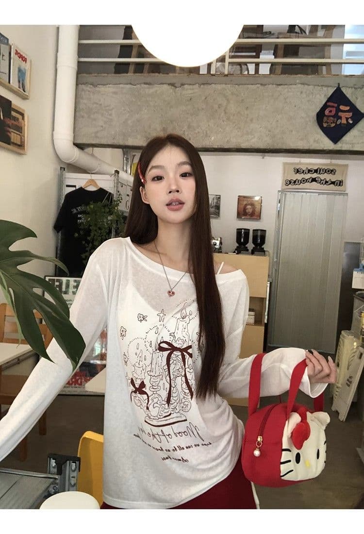 있음 선적 경관 그림 원본 품질 여름 착용 가져 가라. 긴팔 티셔츠 화이트 오프숄더 비스듬한 어깨 의류 상세 이미지 10