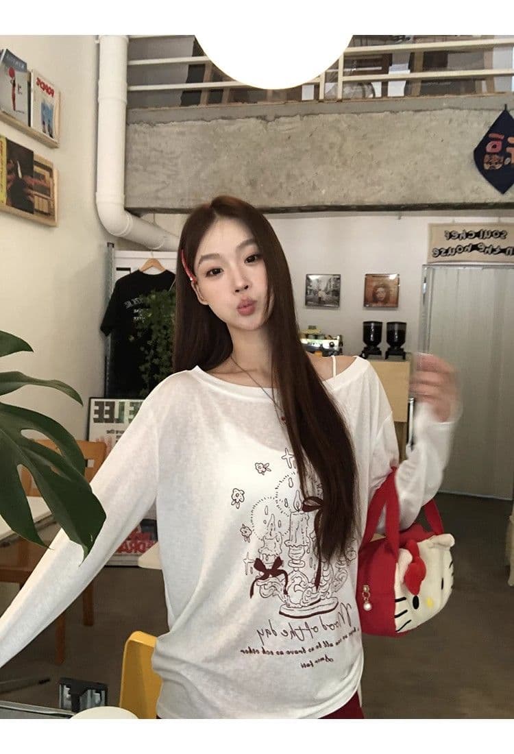 있음 선적 경관 그림 원본 품질 여름 착용 가져 가라. 긴팔 티셔츠 화이트 오프숄더 비스듬한 어깨 의류 상세 이미지 11