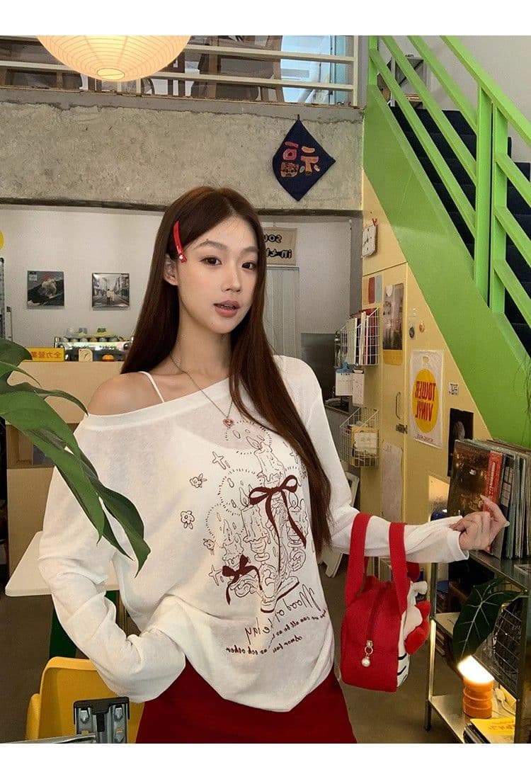 있음 선적 경관 그림 원본 품질 여름 착용 가져 가라. 긴팔 티셔츠 화이트 오프숄더 비스듬한 어깨 의류 상세 이미지 15
