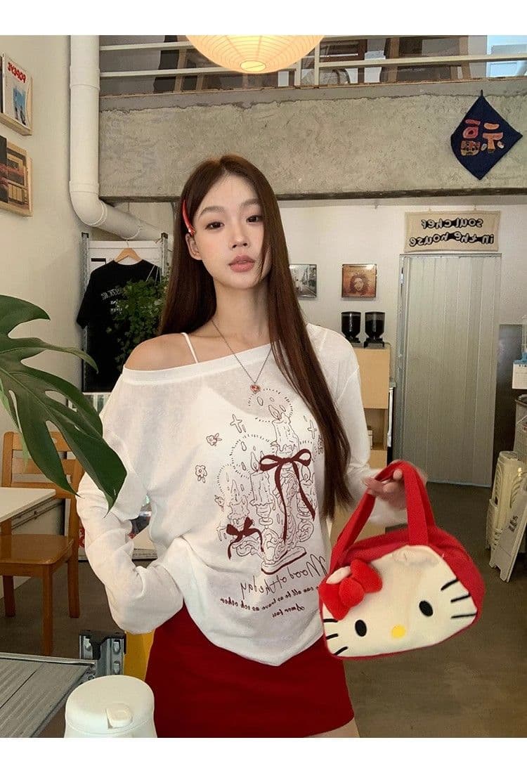 있음 선적 경관 그림 원본 품질 여름 착용 가져 가라. 긴팔 티셔츠 화이트 오프숄더 비스듬한 어깨 의류 상세 이미지 16