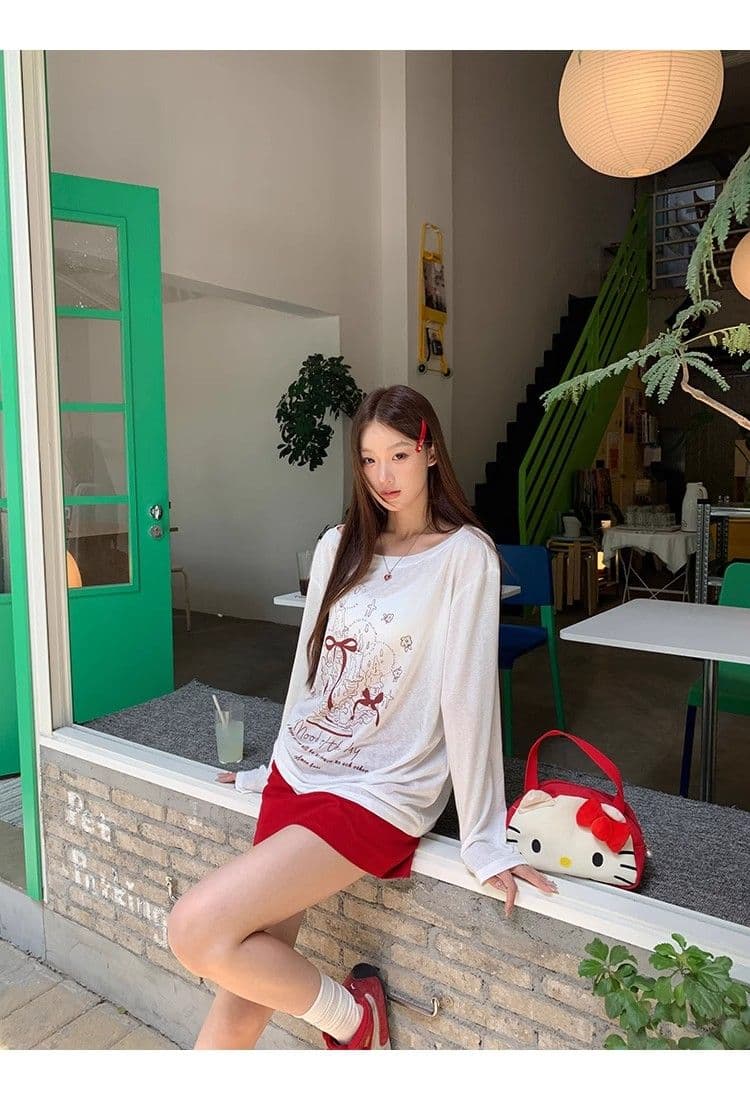 있음 선적 경관 그림 원본 품질 여름 착용 가져 가라. 긴팔 티셔츠 화이트 오프숄더 비스듬한 어깨 의류 상세 이미지 17