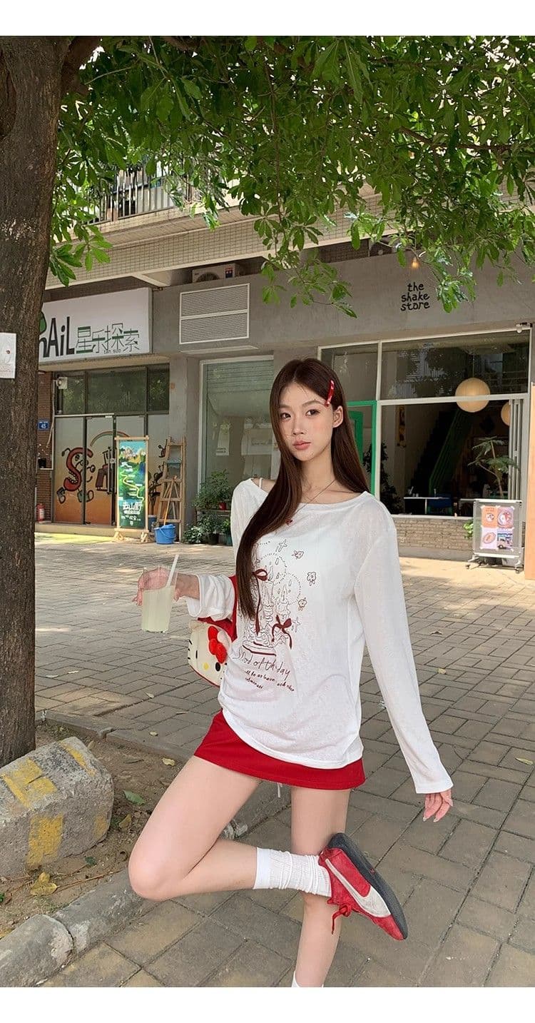 있음 선적 경관 그림 원본 품질 여름 착용 가져 가라. 긴팔 티셔츠 화이트 오프숄더 비스듬한 어깨 의류 상세 이미지 19