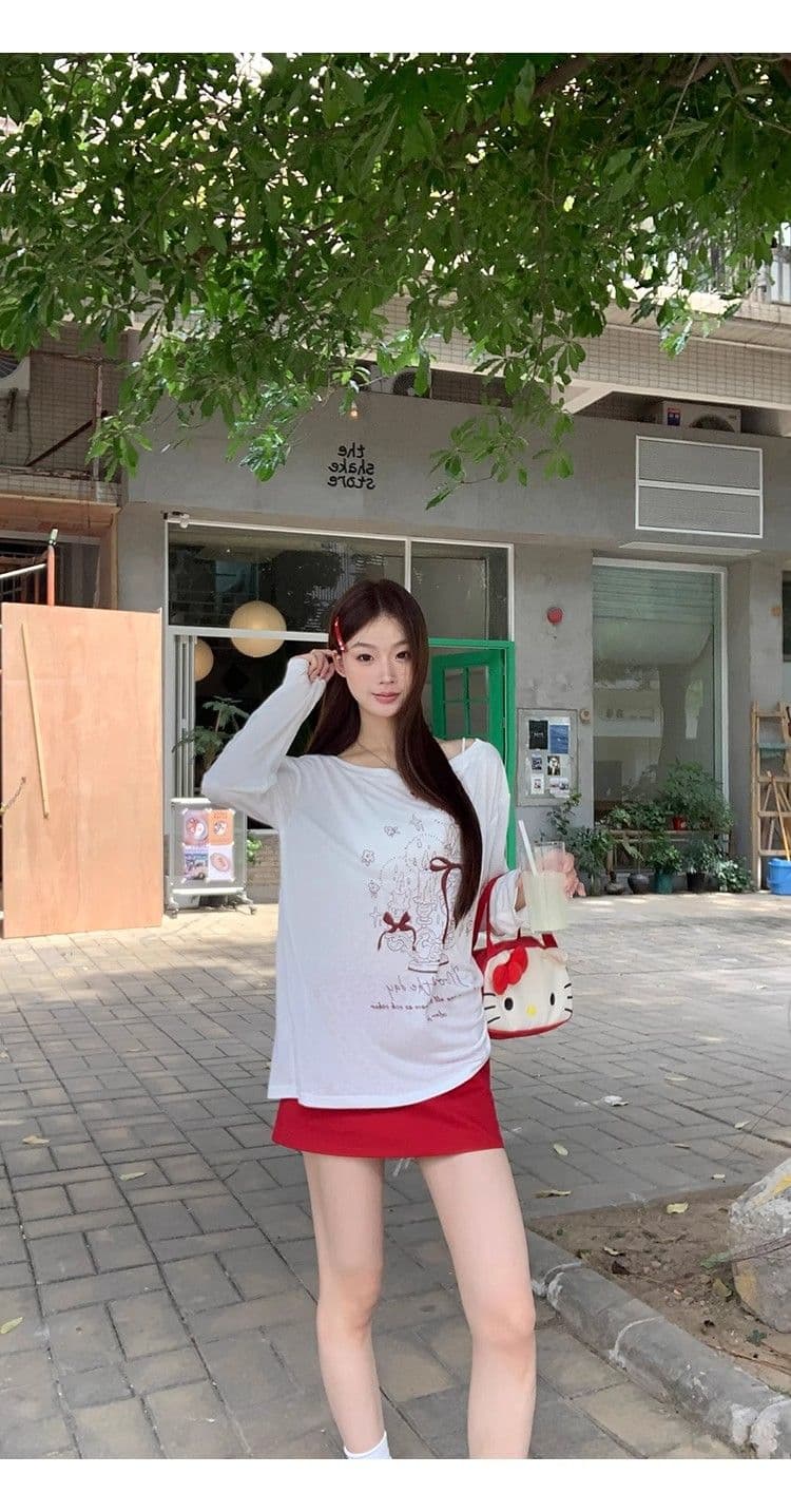 있음 선적 경관 그림 원본 품질 여름 착용 가져 가라. 긴팔 티셔츠 화이트 오프숄더 비스듬한 어깨 의류 상세 이미지 20