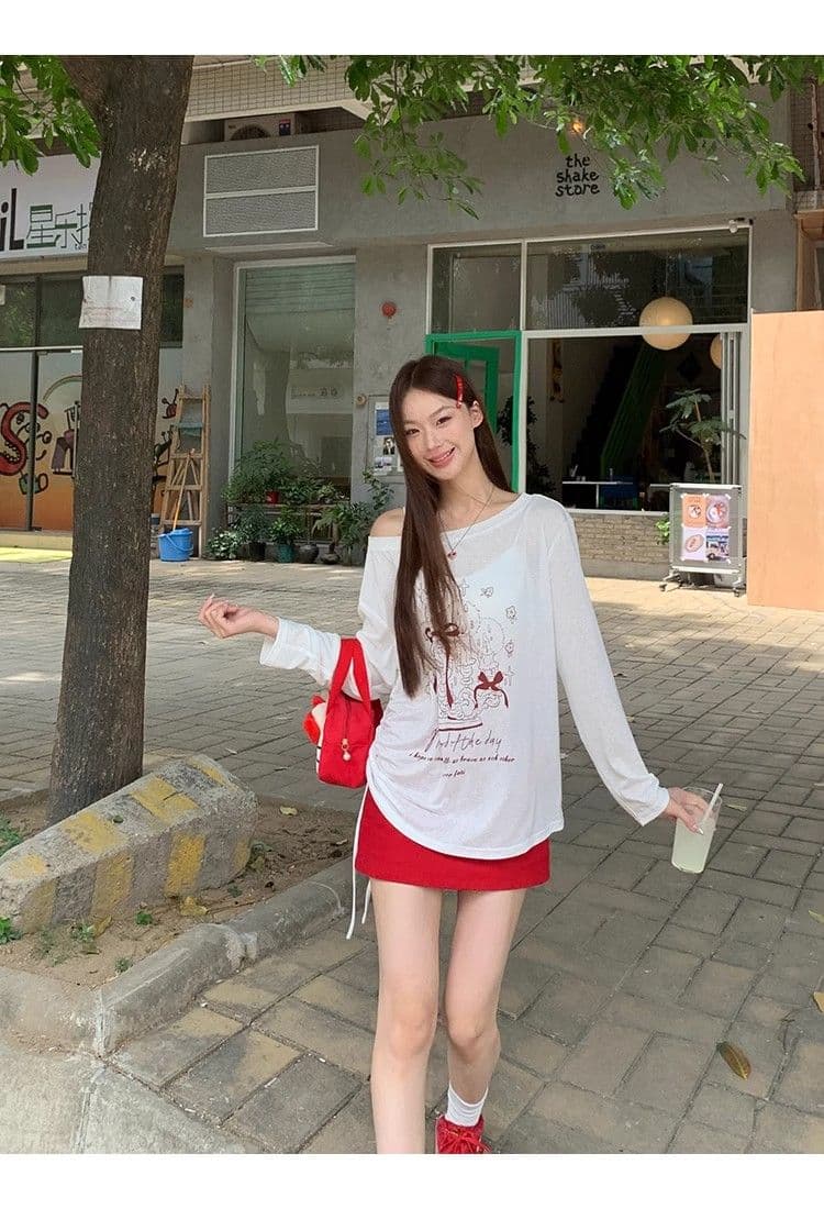 있음 선적 경관 그림 원본 품질 여름 착용 가져 가라. 긴팔 티셔츠 화이트 오프숄더 비스듬한 어깨 의류 상세 이미지 21