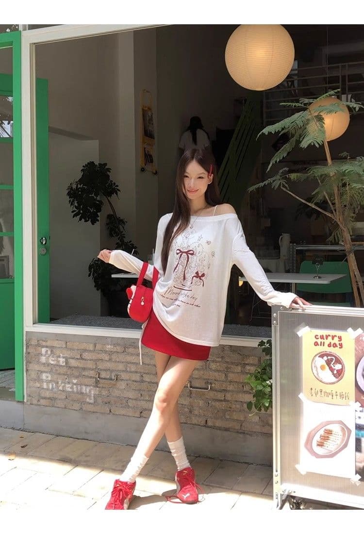 있음 선적 경관 그림 원본 품질 여름 착용 가져 가라. 긴팔 티셔츠 화이트 오프숄더 비스듬한 어깨 의류 상세 이미지 24