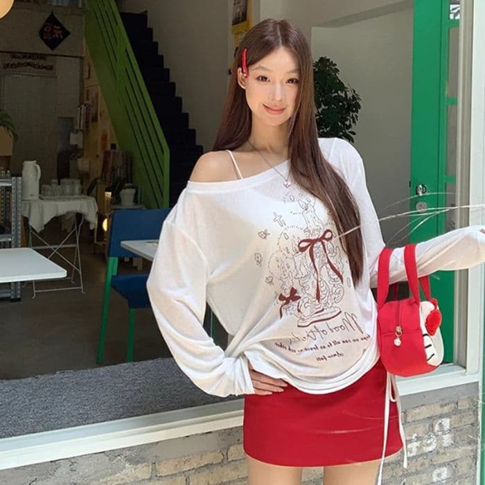 있음 선적 경관 그림 원본 품질 여름 착용 가져 가라. 긴팔 티셔츠 화이트 오프숄더 비스듬한 어깨 의류 상세 이미지 25