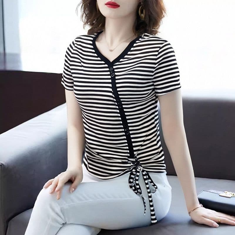 있음 선적 대외 무역 머리 스트라이프 반팔 여성 여름 드레스 루즈핏 빅 사이즈 슬림해 보이는 반소매 펌프 로프 얇은 스타일 티셔츠 맨위 상세 이미지 8