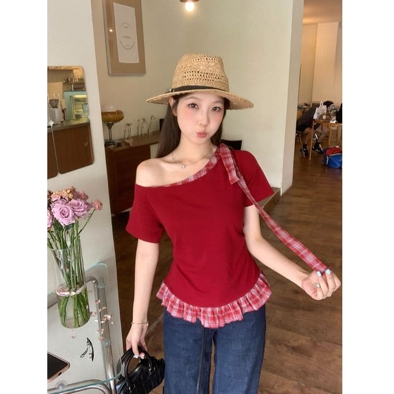 있음 선적 와 사고 방식 항구 바람 반팔 티셔츠 여성 여름 디자인 센스 오프숄더 행침 목 체크무늬 동정 슬림해 보이는 맨위 이미지 3