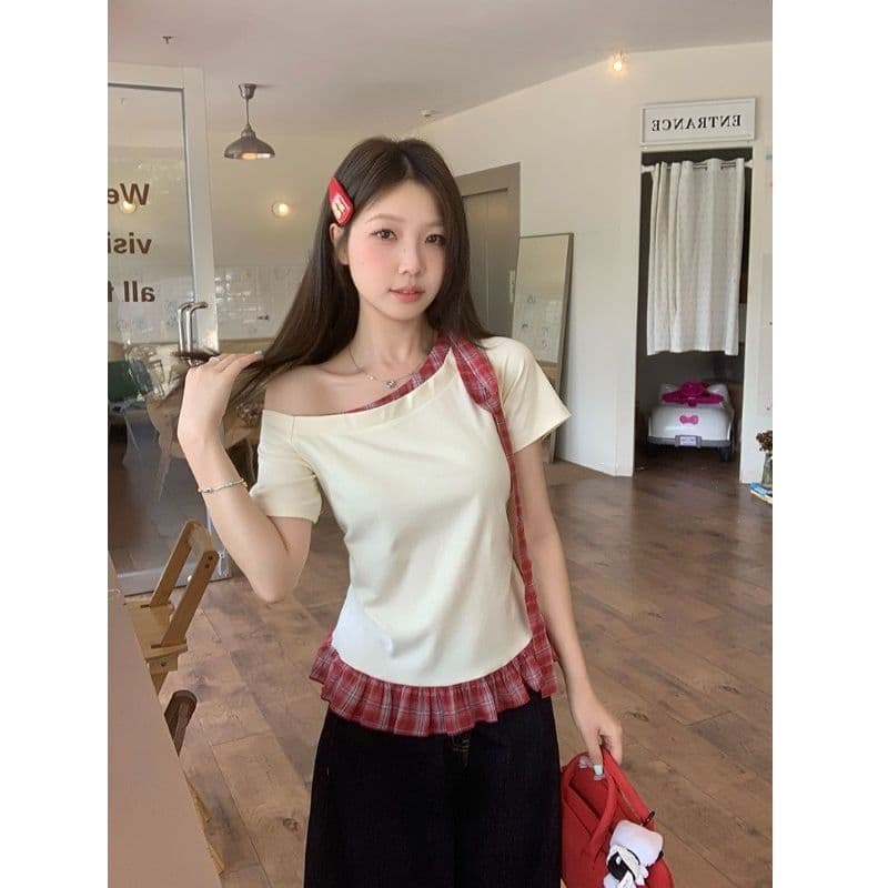 있음 선적 와 사고 방식 항구 바람 반팔 티셔츠 여성 여름 디자인 센스 오프숄더 행침 목 체크무늬 동정 슬림해 보이는 맨위 이미지 4
