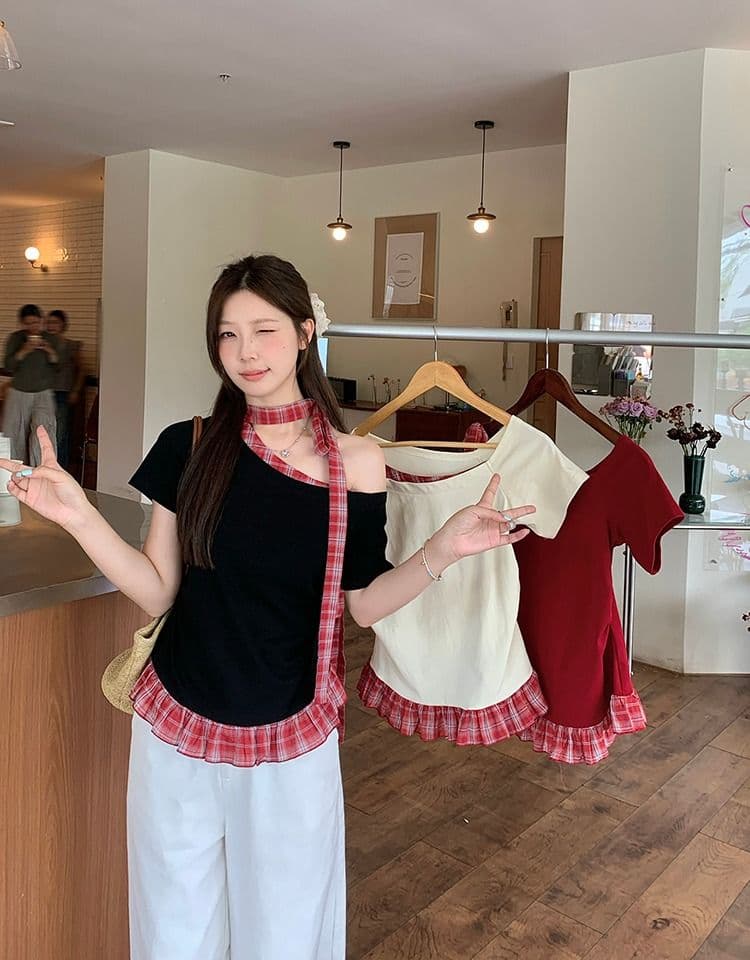 있음 선적 와 사고 방식 항구 바람 반팔 티셔츠 여성 여름 디자인 센스 오프숄더 행침 목 체크무늬 동정 슬림해 보이는 맨위