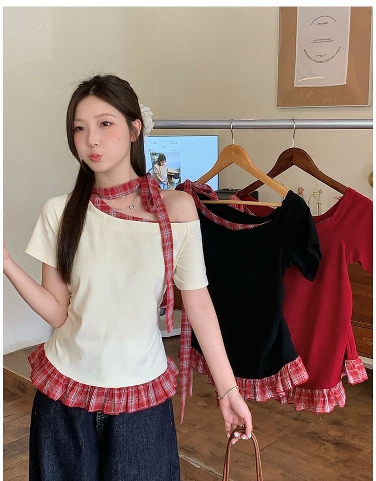 있음 선적 와 사고 방식 항구 바람 반팔 티셔츠 여성 여름 디자인 센스 오프숄더 행침 목 체크무늬 동정 슬림해 보이는 맨위 이미지 2