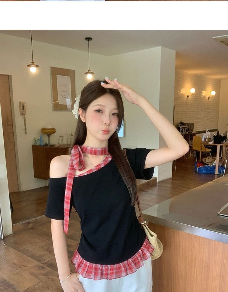있음 선적 와 사고 방식 항구 바람 반팔 티셔츠 여성 여름 디자인 센스 오프숄더 행침 목 체크무늬 동정 슬림해 보이는 맨위 상세 이미지 4
